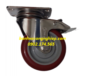 Bánh xe PU (Urethane) 75mm, 100mm, 125mm  màu nâu càng inox 304 xoay có khoá
