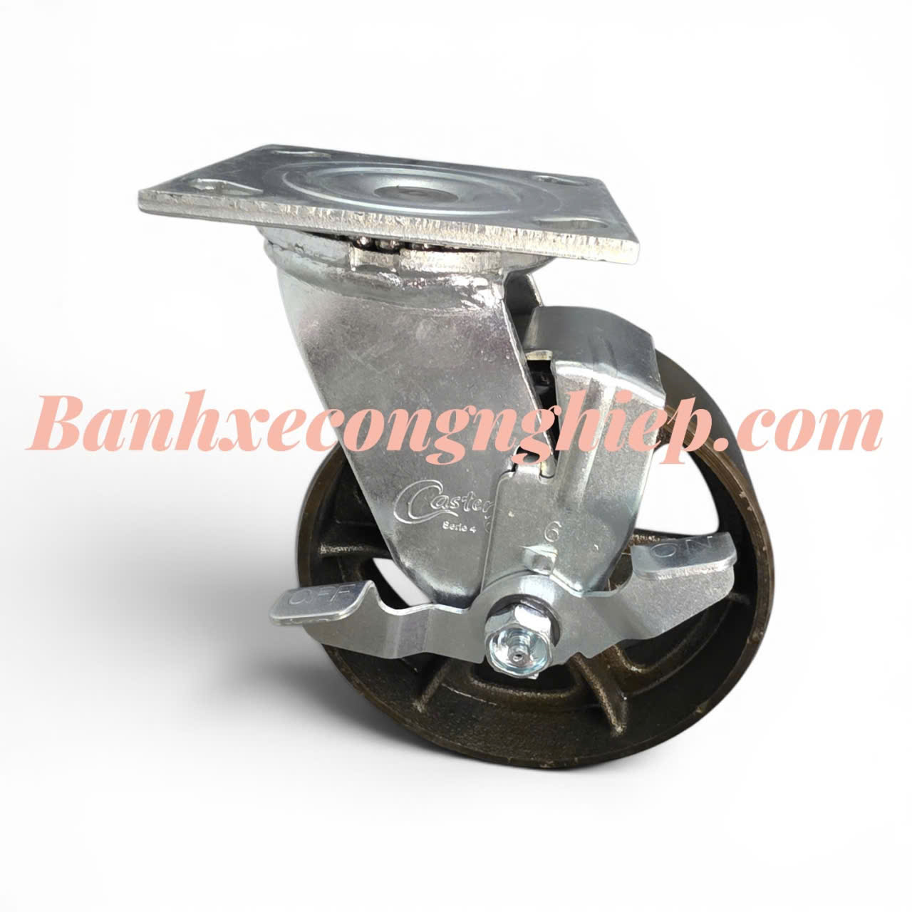 Bánh xe PU gang đúc 150mm, 200mm càng thép xoay khóa đơn Caster Serie 4 tải nặng