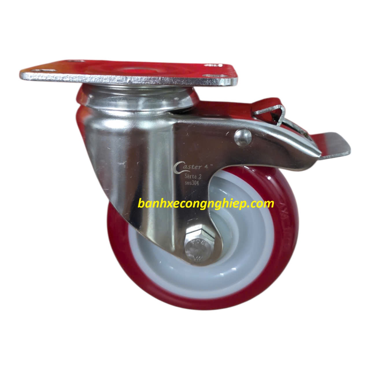 Bánh xe PU 75mm, 100mm, 125mm càng inox 304 xoay khóa Caster Serie 2 tải trung