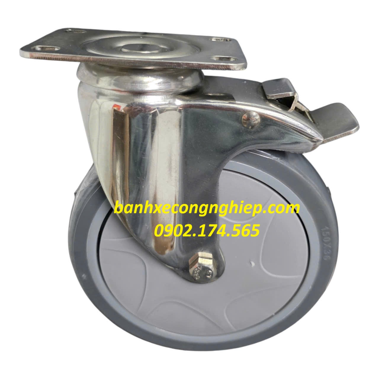 Bánh xe TPR 150x36mm càng inox 304 xoay khóa Caster Serie 2 tải trung