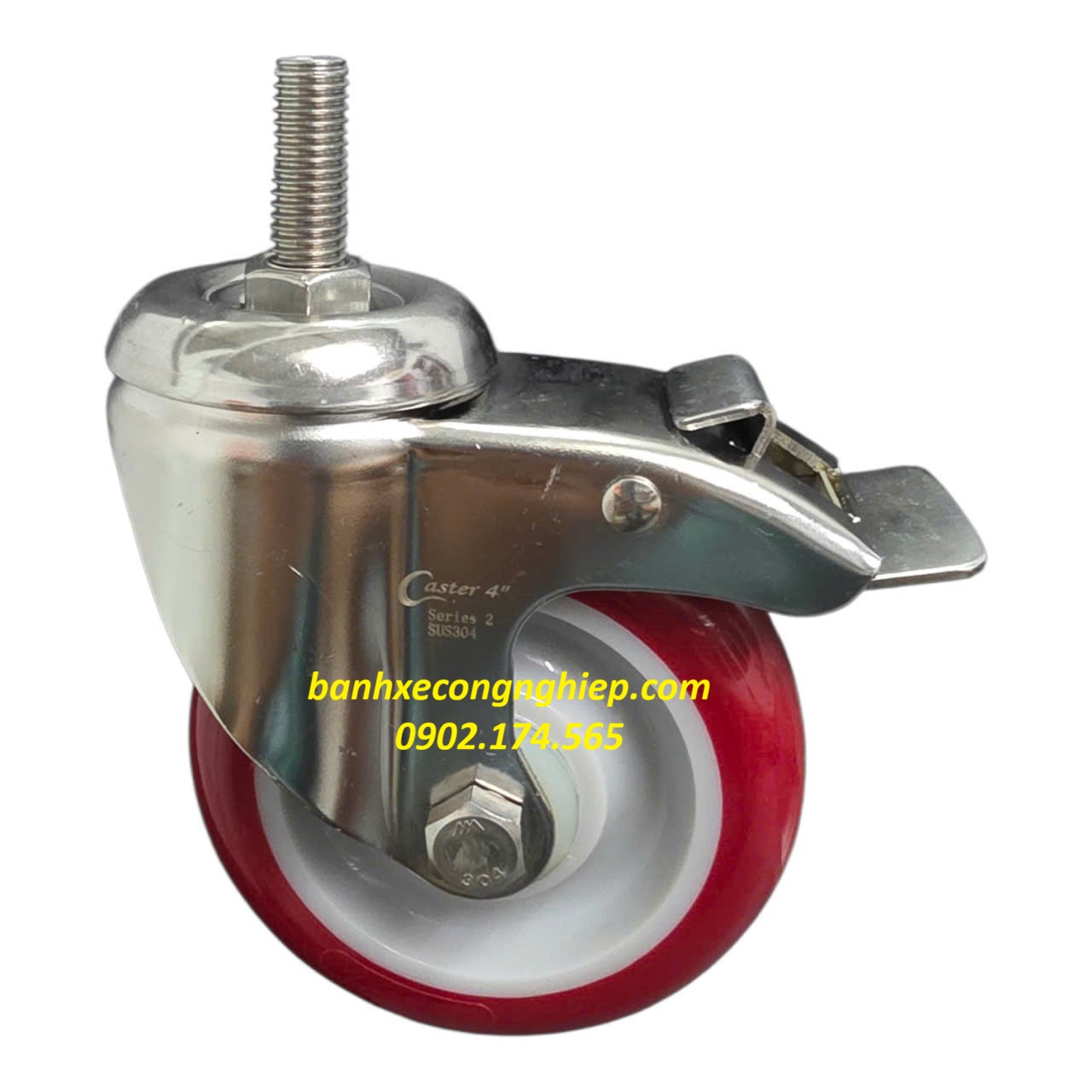 Bánh xe PU (Urethane) 75mm, 100mm, 125mm màu nâu càng inox 304 xoay có khoá trục ren M12 Caster Serie 2 tải trung