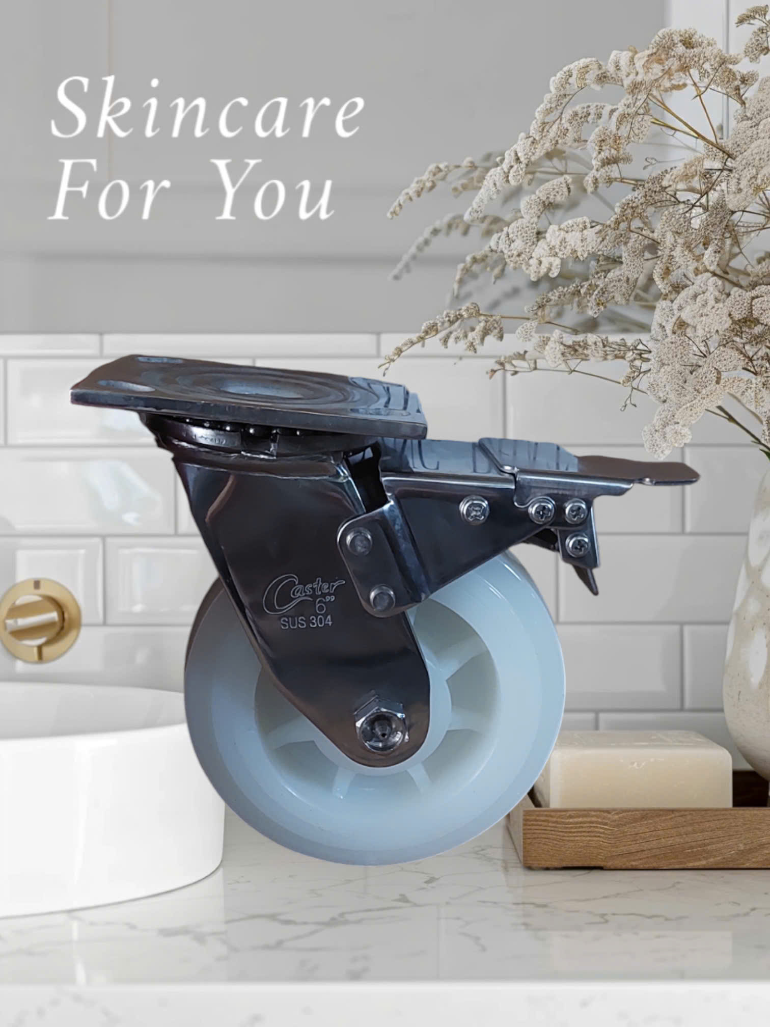 Bánh xe PA 100mm, 125mm, 150mm, 200mm càng inox 304 xoay khóa kép