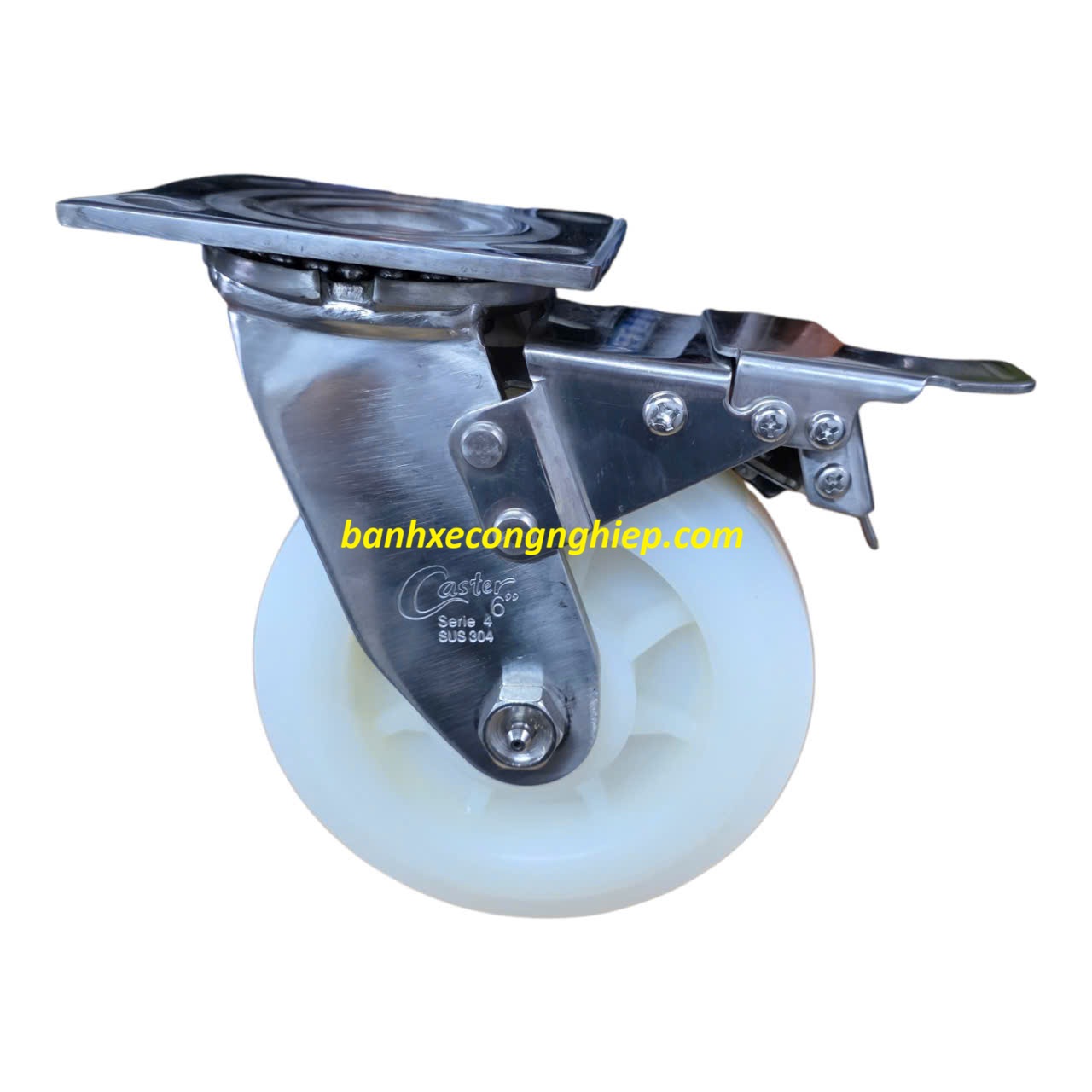 Bánh xe PA 100mm, 125mm, 150mm, 200mm càng inox 304 xoay khóa kép Caster Serie 4 tải nặng