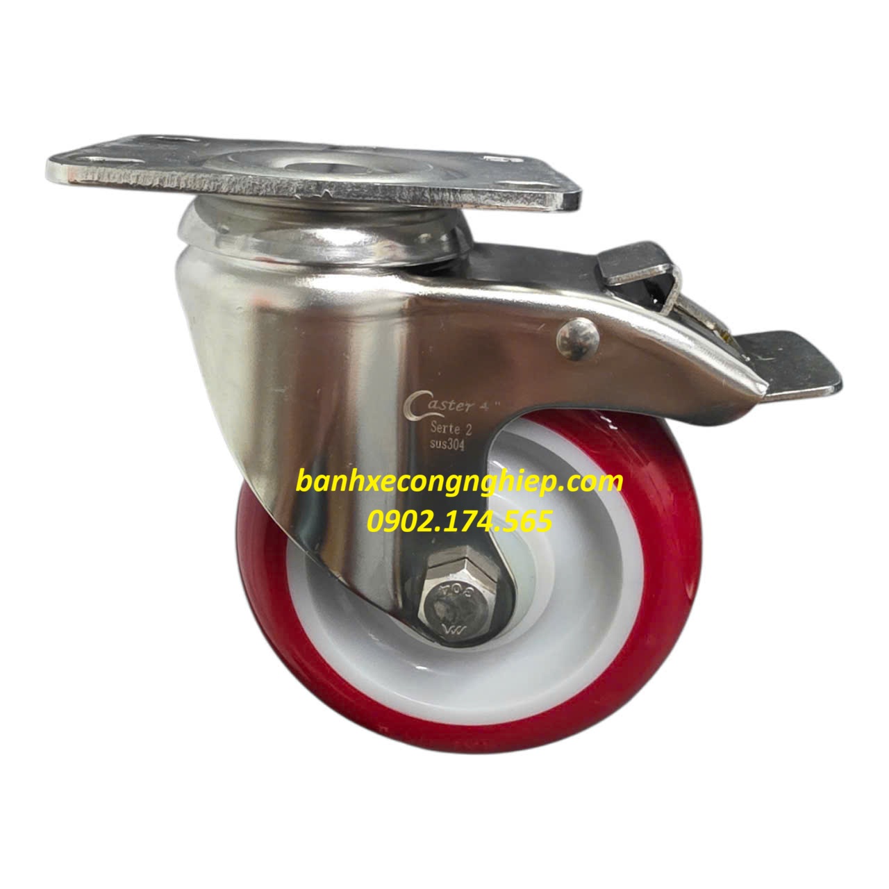 Bánh xe PU 75mm, 100mm, 125mm càng inox 304 xoay khóa Caster Serie 2 tải trung