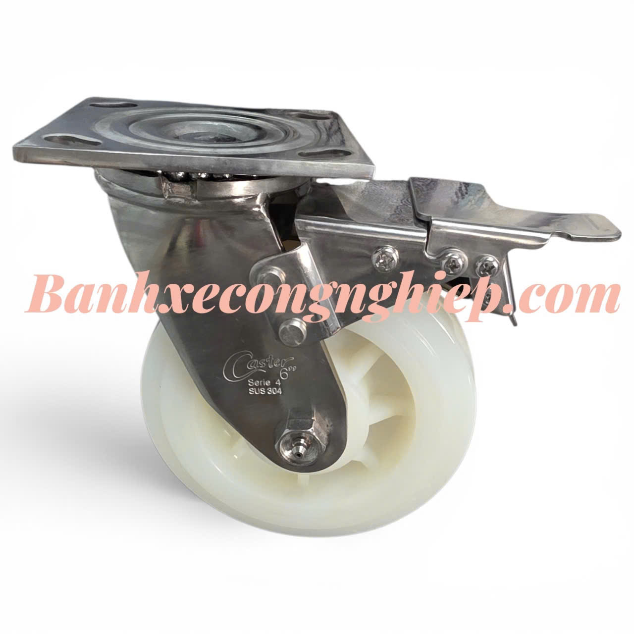 Bánh xe PA 100mm, 125mm, 150mm, 200mm càng inox 304 xoay khóa kép Caster Serie 4 tải nặng