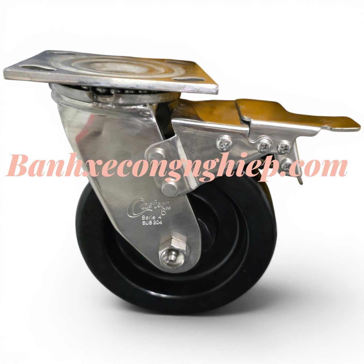 Bánh xe chịu nhiệt Phenolic 100mm, 125mm, 150mm, 200mm càng inox 304 xoay khóa kép Caster Serie 4 tải nặng