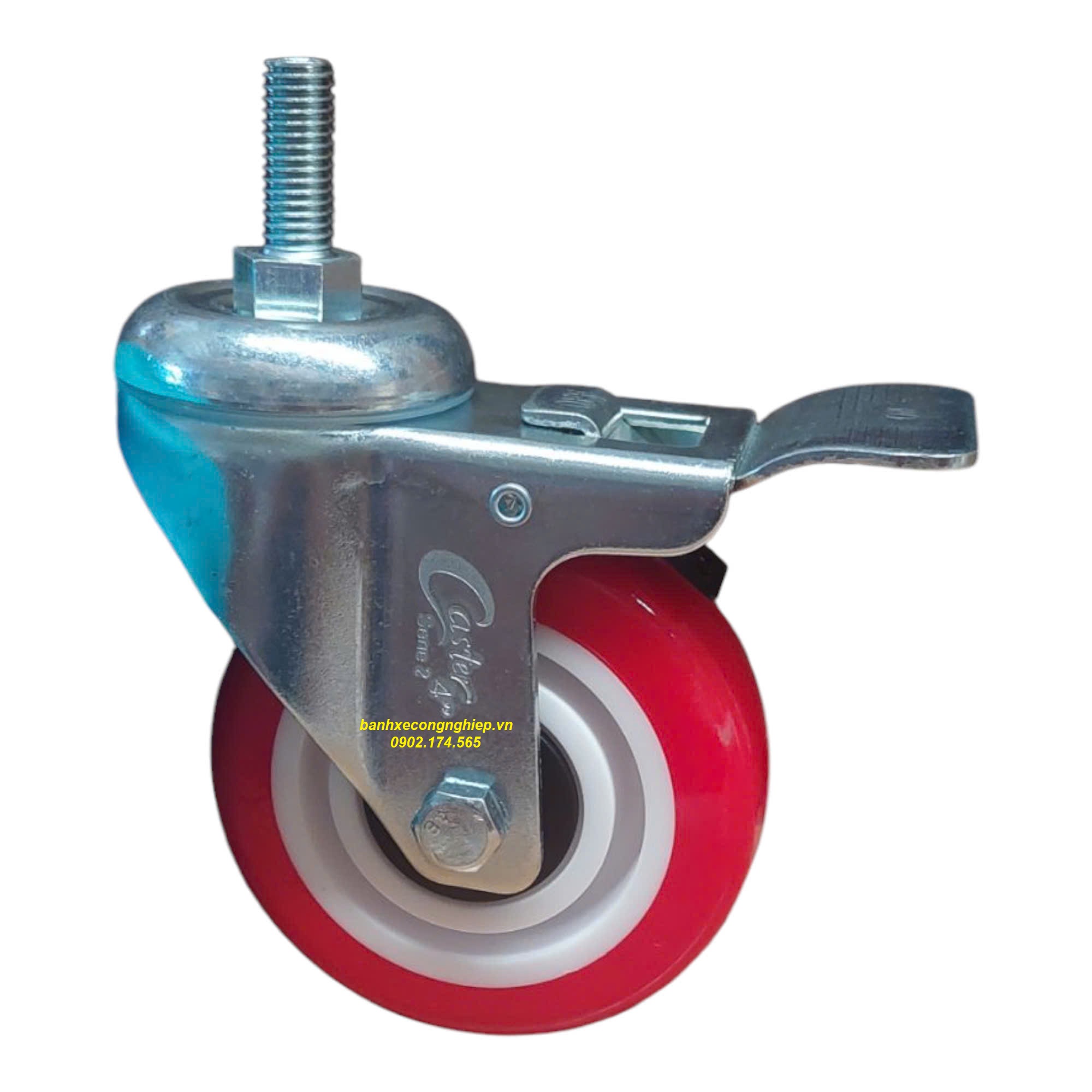 Bánh xe PU (Urethane) 75mm, 100mm, 125mm càng thép xoay khóa trục ren M12 Caster Serie 2 tải trung