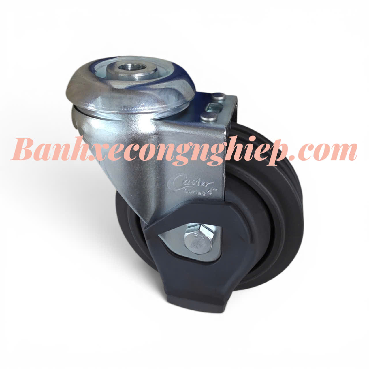 Bánh xe đẩy thang cuốn siêu thị PU 100mm,125mm càng thép xoay có chân dừng, lỗ trục 12.8mm Caster Serie 2 tải trung